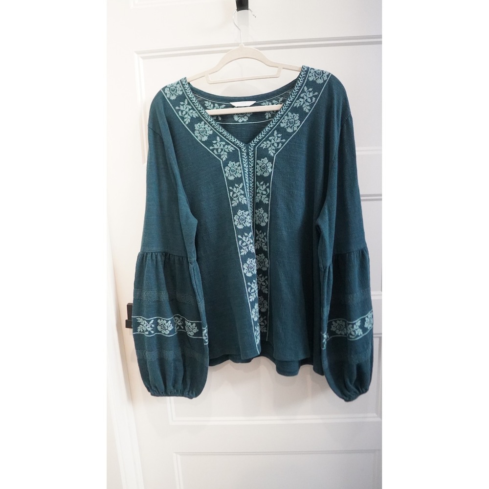 Boho Embroidered Bell Sleeve Blouse Teal Floral Whimsical Fall 3XL Gem Slate